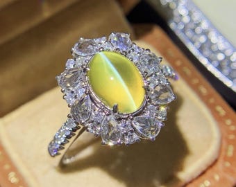 天然キャッツアイ クリソベリル リング：18K ホワイトゴールド 