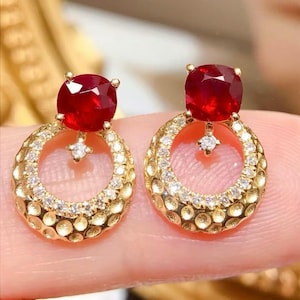 18k yellow Gold Natural Ruby Stud Earrings: Cushion cut ruby earrings for her birthday anniversary gift/unique ruby earrings