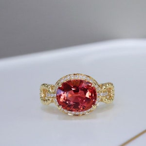 18k gold natural orange-red tourmaline engagement ring/Gold and diamond red tourmaline ring/Bezel setting red tourmaline ring/unique pink