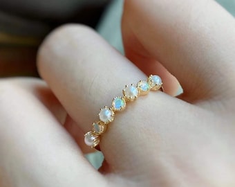 18k gold natural Australian opal pearl band/Australian opal ring/dainty opal band/Genuine opal wedding band/Art Deco Opal jewelry women