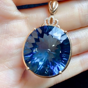 18k rose gold London blue topaz pendant/statement topaz birthstone jewelry/Oval-round topaz necklace/Handmade mother's day gift anniversary