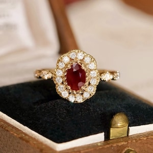 Vintage pigeon blood ruby ring/18k rose gold ruby engagement ring/Halo diamond ruby ring/Art deco ruby ring women/Unique handmade ruby ring