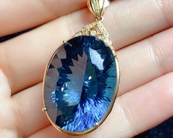 Colgante de topacio azul Londres en oro rosa de 18 quilates/Joya de topacio de gran tamaño con piedra de nacimiento/Collar de topacio ovalado/Regalo artesanal para el Día de la Madre y aniversario.