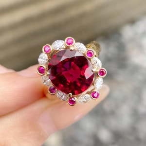 18k gold natural red rubellite tourmaline engagement ring/Gold and diamond red tourmaline ring/Chunky stone red tourmaline ring/unique ring