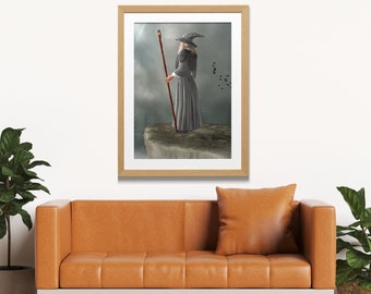 May include: A woman in a grey robe and pointed hat stands on a cliff overlooking a misty landscape. She holds a long wooden staff in her right hand. A flock of birds flies in the distance.