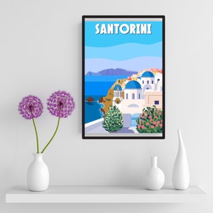 Santorini Griechenland Retro Art Print, Santorini Griechenland Wand Kunst Illustration, Santorini Griechenland Vintage Minimal Design Poster.