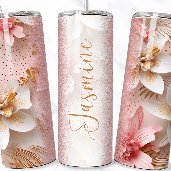 Add your own text 3D Floral Tumbler, 20oz Skinny Tumbler Sublimation Designs Tumbler PNG File Digital Download White Gold Pink Orchid png,