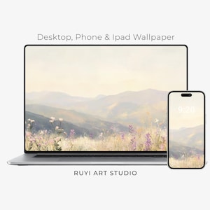 Verträumte morgendliche Berglandschaft mit creme, lavendel, und blush Wildblumen, Computer Hintergrund, Handy Hintergrund und iPhone Hintergrund