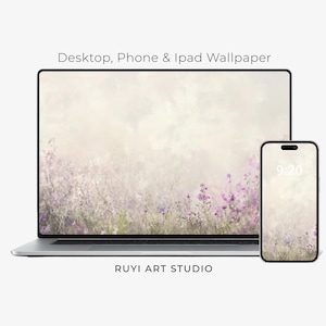 Verträumte minimalistische Wildblumen Landschaft Computer Hintergrundbilder, Wildblumen Desktop Hintergrund, Lila Wildblumen Handy Hintergrund, ästhetisches iPad