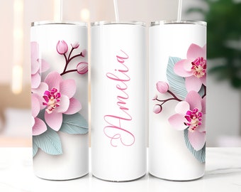 Fügen Sie Ihren eigenen Text Orchidee Floral Becher, 20 Unzen Skinny Becher Sublimation Designs PNG Datei digitaler Download Becher png, Pink Orchid hinzu