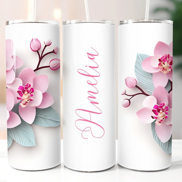 Add your own text Orchid Floral Tumbler, 20oz Skinny Tumbler Sublimation Designs PNG File Digital Download Tumbler png, Pink Orchid