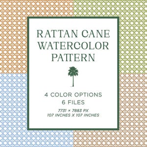 Pode incluir: Um download digital de seis padrões de vime de ratã em aquarela em quatro opções de cores. Os padrões são de 7731 x 7883 pixels, o que equivale a 107 polegadas por 107 polegadas.