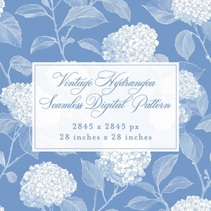 Könnte beinhalten: Nahtloses digitales Muster mit einem Vintage-Hortensien-Design. Das Muster hat einen hellblauen Hintergrund mit weißen Blumen- und Blätterillustrationen. Das Bild enthält den Text "Vintage Hydrangea Seamless Digital Pattern" und Abmessungen von 71 x 71 cm.