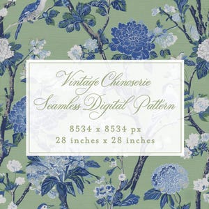 Può includere: Motivo digitale senza cuciture con un design Chinoiserie vintage. Il motivo presenta fiori blu e bianchi, uccelli e rami su sfondo verde. L'immagine è 71 cm per 71 cm.