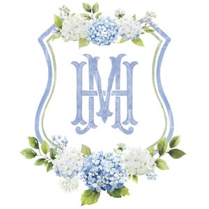 Hydrangea Flower Wedding Crest,  Hydrangea Floral Luxury Watercolor Wedding Crest