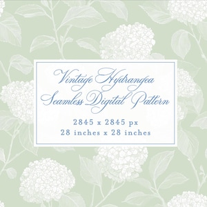 May include: A seamless digital pattern featuring a vintage hydrangea design. The pattern includes white hydrangea blooms and leaves on a light green background. The image text reads "Vintage Hydrangea Seamless Digital Pattern" and the dimensions are 28 inches by 28 inches.