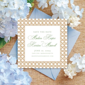 May include: A square "Save the Date" card with a woven rattan border, featuring the names "Madison Harper" and "Harrison Maxwell" in elegant script. The card is surrounded by blue hydrangeas and a light blue envelope.