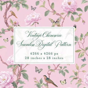 May include: A seamless digital pattern with a vintage Chinoiserie design. The pattern features pink peonies, butterflies, and birds on branches against a light pink background. The image dimensions are 28 inches by 28 inches.
