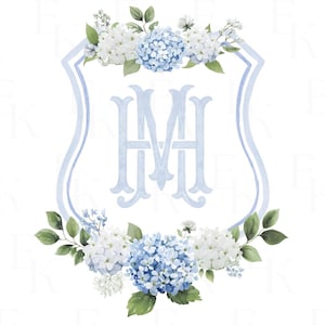 Hydrangea Flower Wedding Crest, Light Blue Crest, Hydrangea Floral Luxury Watercolor Wedding Crest