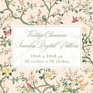 May include: A seamless digital pattern with a vintage Chinoiserie design. The pattern features branches with pink and yellow flowers, green leaves, birds, and butterflies on a light peach background. The image dimensions are 28 inches by 28 inches.