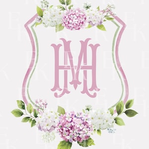 Pink Hydrangea Flower Wedding Crest,  Hydrangea Floral Luxury Watercolor Wedding Crest
