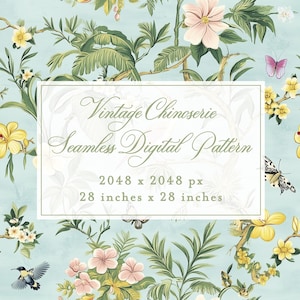 Pode incluir: Padrão digital sem costura com um design Chinoiserie vintage. O padrão apresenta um fundo azul claro com ilustrações de flores rosa e amarelas, folhas verdes, borboletas e pássaros. A imagem tem 71 cm por 71 cm.