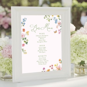 Placa de cardápio de bar de casamento com flores em aquarela: modelo editável (download digital)