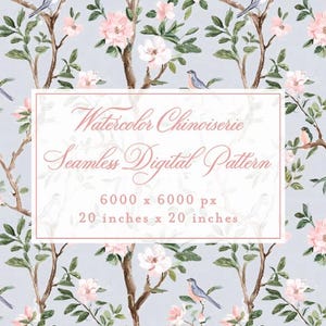 Peut inclure: Motif numérique sans couture Watercolor Chinoiserie. Fond bleu clair avec des branches, des fleurs roses, des feuilles vertes et des oiseaux bleus. Le motif mesure 50,8 cm sur 50,8 cm.