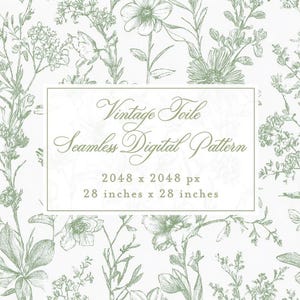 May include: A seamless digital pattern featuring a vintage toile design with botanical illustrations in shades of green on a white background. The pattern is 28 inches by 28 inches and has a resolution of 2048 x 2048 pixels. The text reads "Vintage Toile Seamless Digital Pattern."