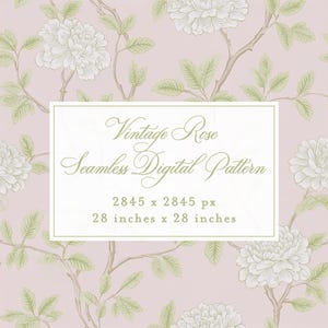 Può includere: Motivo digitale senza cuciture con un design di rose vintage. Il motivo presenta rose bianche, foglie verdi e steli marroni su uno sfondo rosa chiaro. Il testo dell'immagine recita "Vintage Rose Seamless Digital Pattern" e le dimensioni sono 71 cm x 71 cm.