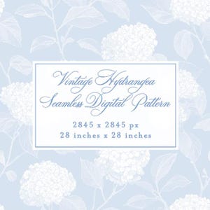 May include: A seamless digital pattern with a vintage hydrangea design. White hydrangea flowers and leaves are set against a light blue backdrop. The image measures 2845 x 2845 pixels, or 71 cm x 71 cm.