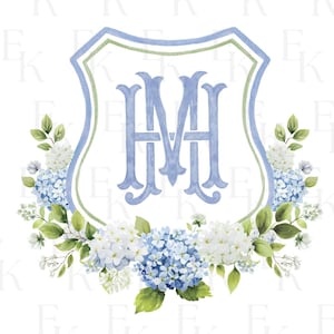 Hydrangea Flower Wedding Crest, Blue Hydrangea Floral Luxury Watercolor Wedding Crest