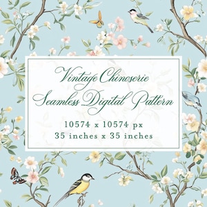 May include: A seamless digital pattern with a vintage Chinoiserie design. The pattern features branches with white and pink flowers, green leaves, and birds and butterflies on a light blue background. The pattern is 89 cm by 89 cm.
