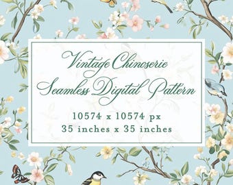 Vintage Chinoiserie Bird Wallpaper Pattern: Seamless Digital Design (35" x 35")