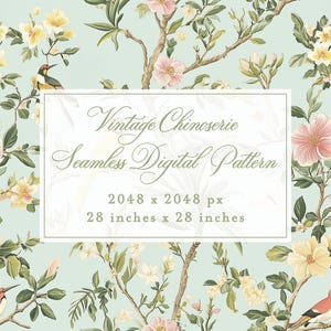 Peut inclure: Un motif numérique sans couture de style Chinoiserie vintage. Le motif présente un fond bleu clair avec des illustrations de branches fleuries, d'oiseaux et de fleurs dans des tons de rose, jaune et vert. Les dimensions de l'image sont de 71 cm x 71 cm.