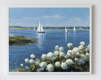 Hydrangea Sailboats Print: Vintage Coastal Landscape Painting (Digital Download)