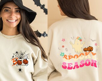 Boo Doublesided Halloween Sweatshirt,Floral Ghost Sweatshirt,Halloween Sweat,Retro Spooky Season, Retro Fall Sweatshirt,Vintage Halloween,