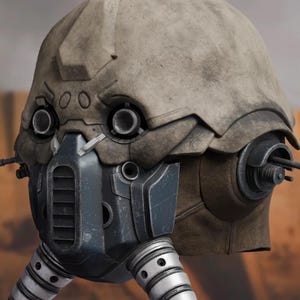 May include: A detailed, weathered helmet with a beige, textured exterior. The helmet features a dark gray faceplate with circular eye openings and cylindrical, metallic attachments. The design suggests a futuristic or science fiction theme.