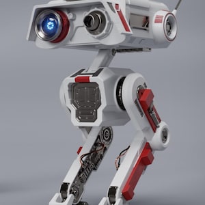 May include: A white and red robot with a large eye-like lens and a smaller lens. The robot has a boxy head, a cylindrical body, and articulated legs. The robot's design includes red accents and visible mechanical components.