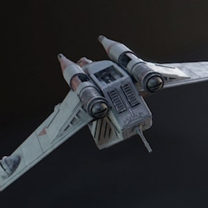 May include: A gray and white spaceship with red accents. The spaceship has two large engines on the back and two smaller engines on the sides. The spaceship is flying in the air.