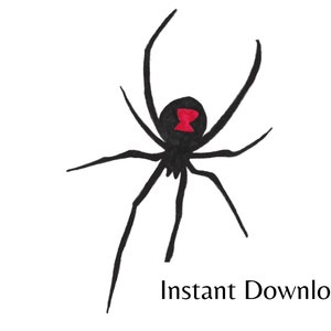May include: Black and red spider illustration with eight legs. The spider has a red hourglass shape on its abdomen.