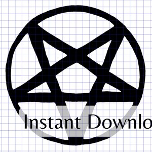 May include: Black and white pentagram symbol inside a circle. The symbol is a five-pointed star with a circle around it.