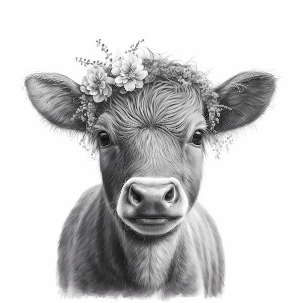 Cute Baby Cow with Flower Crown, Black and White Photos, Digital Download, AI Art, Western Nursery Prints, Wall Art Prints Farm Animals