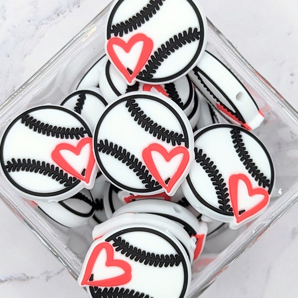 Baseball Focal Silicone beads, Love Baseball focal beads, White baseball with red heart, 30mm size, ships from USA