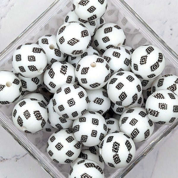 15mm Aztec Western round silicone beads, Black and White, 15 mm round loose beads, western, cowgirl style, southwestern style beads, black