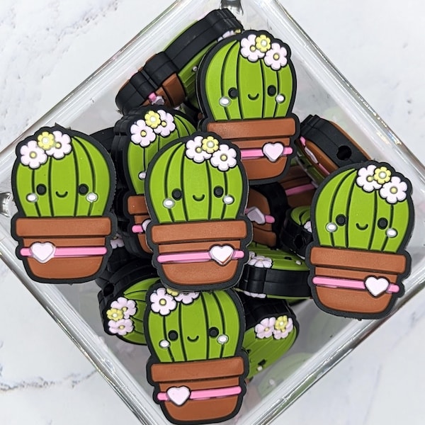 Happy Cactus Succulent Focal silicone beads, flowering cactus, succulent plant silicone focal beads, 30mm by 20mm size, vertical top drilled
