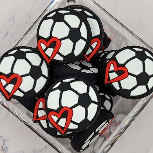 Soccer Ball Focal Silicone beads, Love Soccer focal beads, white and black soccer ball with red heart, 30mm size, ships from USA