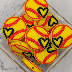 Softball Focal Silicone beads, lemon yellow and red softball with black heart, 30mm size