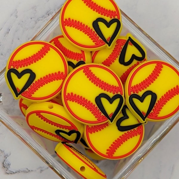 Softball Focal Silicone beads, Love Softball focal beads, lemon yellow and red softball with black heart, 30mm size, ships from USA