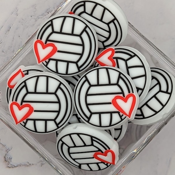 Volleyball Focal Silicone beads, Love volleyball focal beads, white and black volleyball with red heart, 30mm size, ships from USA